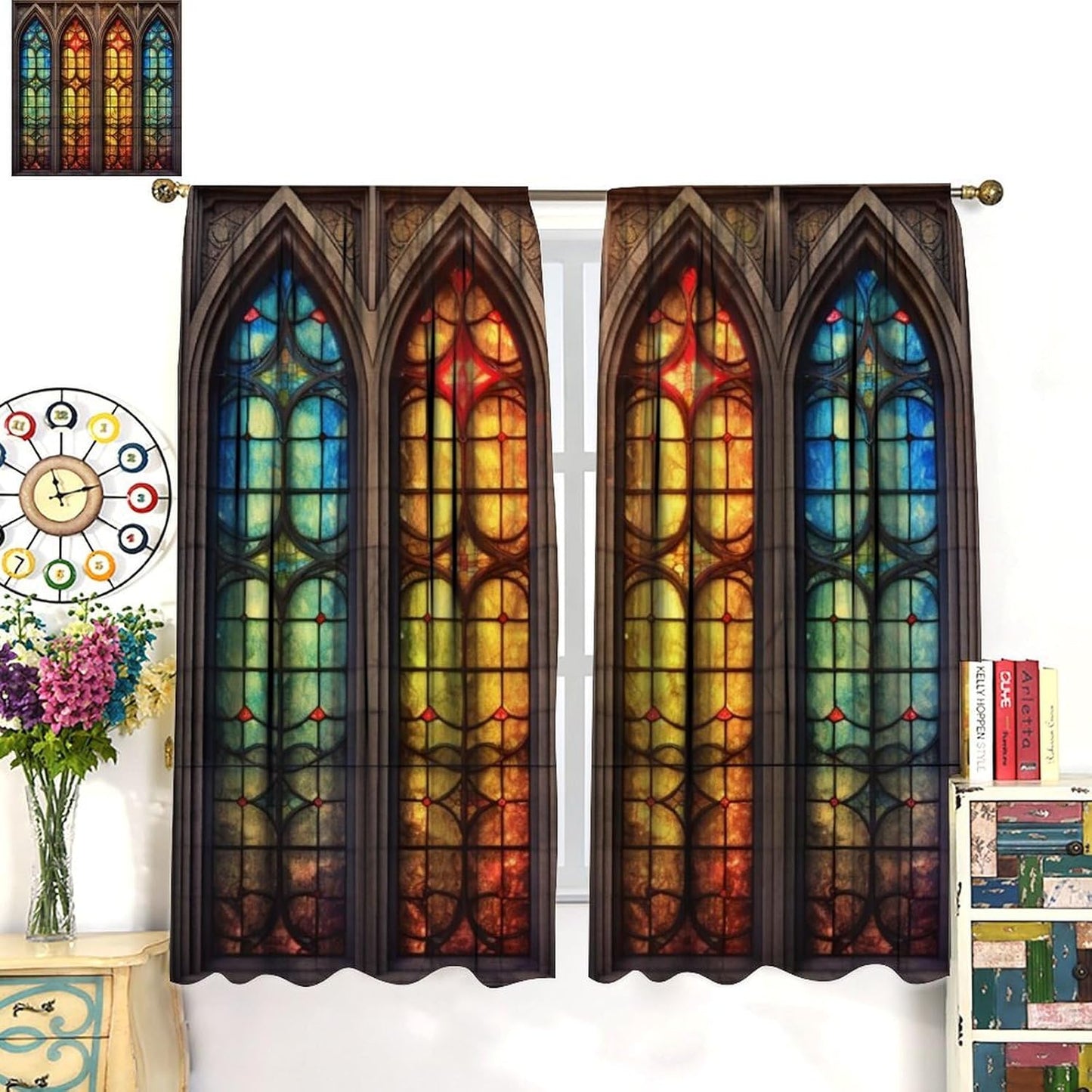 Stained Glass Curtains,Mid Century Vintage Style Abstract Art Home Decor Drapes for Bedroom Living Room Kitchen Window Treatment 2 Panels Set Total Size 63" W X 63" L Inch