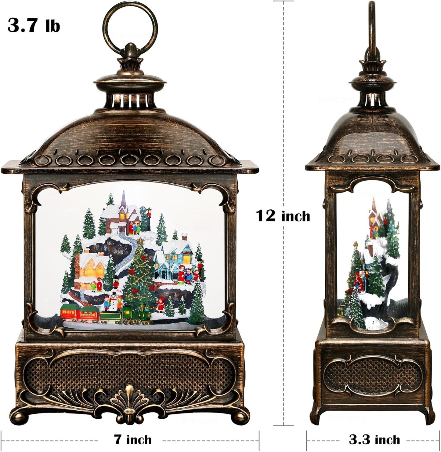 Village Snow Globe Christmas Decorations Gifts Auto Snowfall Glitter Music Collection Village Scene Train Tree Church Snowman with 6H Timer USB/Battery Powered 12 inch