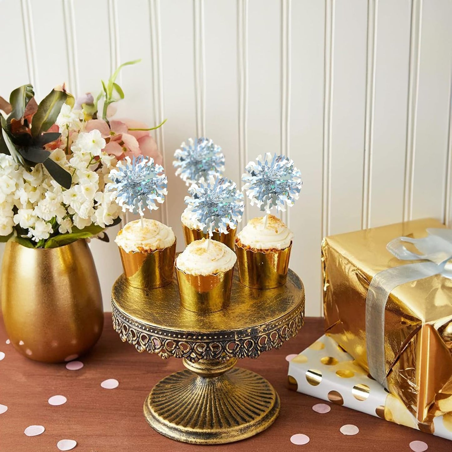 Ephlyn 30Pcs Foil Firework Cupcake Toppers Happy Birthday Cake Toppers Tinsel Flower Drink Stirrers Cocktail Food Fruit Toothpicks for Valentine's Day Party Decorations Silver