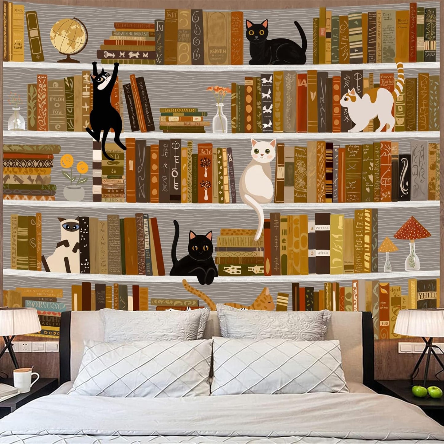 Accnicc Cat Bookshelf Tapestry Black White Cute Cats Book Shelf Tapestries Wall Hanging Art Vintage Retro Academics Library Book Tapestry for Bedroom Living Room Dorm 80 x 60 inch