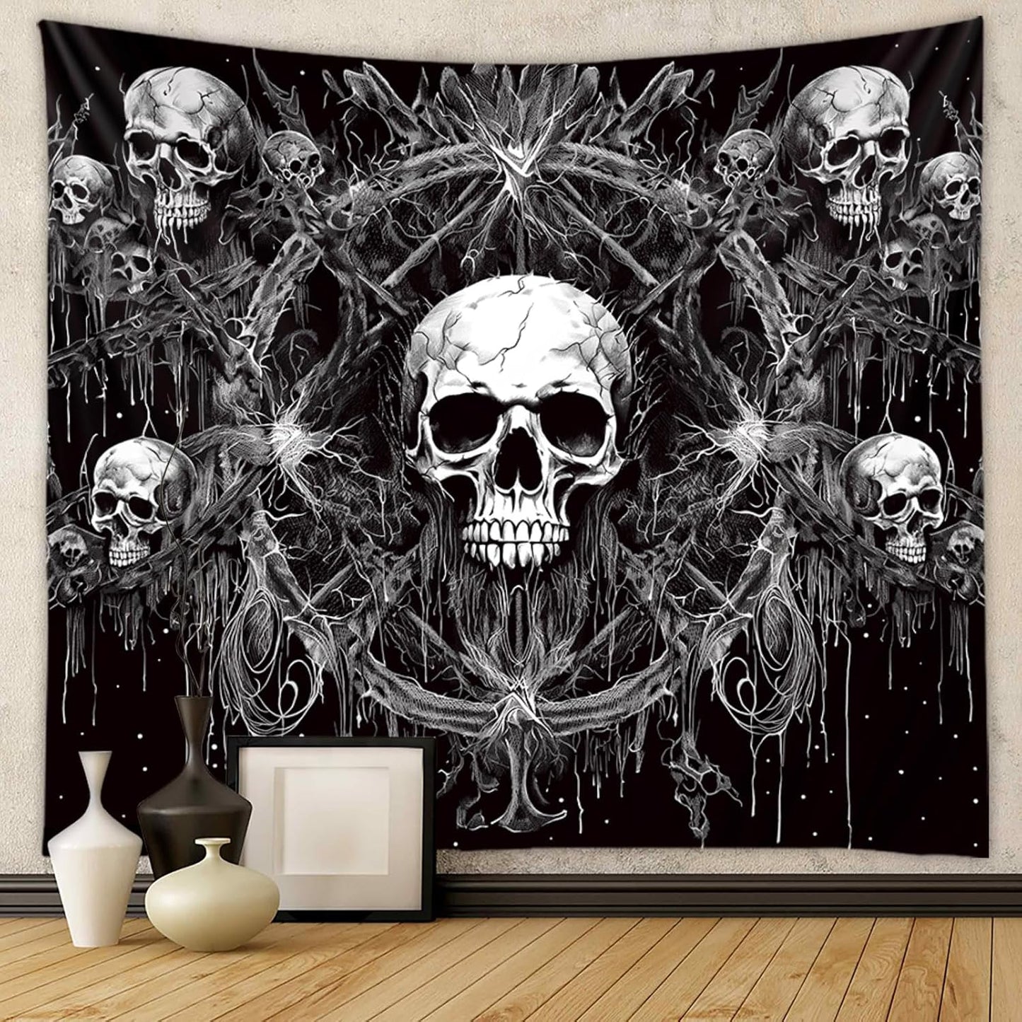 Tapzen Gothic Skull Tapestry - Black and White Wall Hanging, Dark Skeleton Horror Design, Aesthetic Cool for Bedroom, Living Room, Dorm (90 x 60 inches)