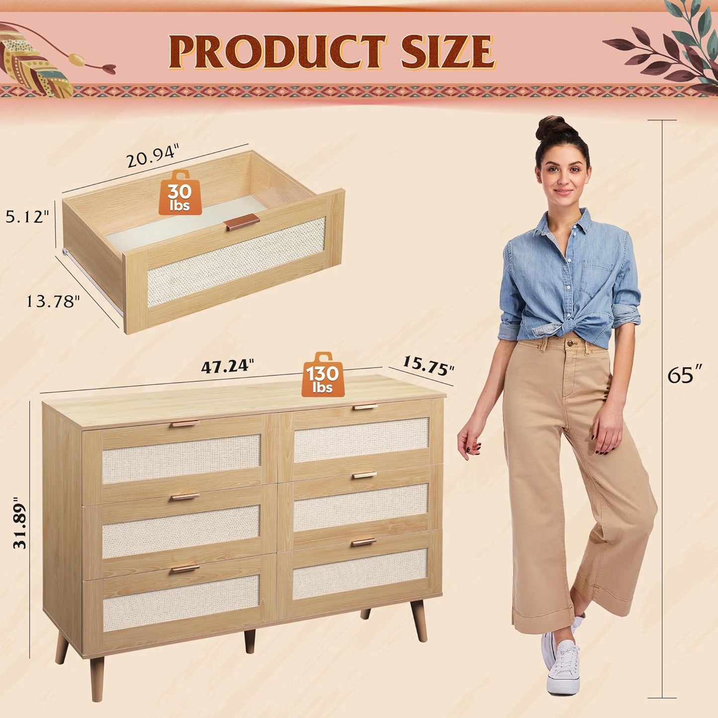 WLIVE Rattan Dresser for Bedroom, 6 Drawer 47.24'' Wide Boho Wood Dresser, Chest of Drawers, Gold Metal Handle, TV Stand for 55 inch TV, Storage Cabinet for Living Room, Hallway, Light Oak