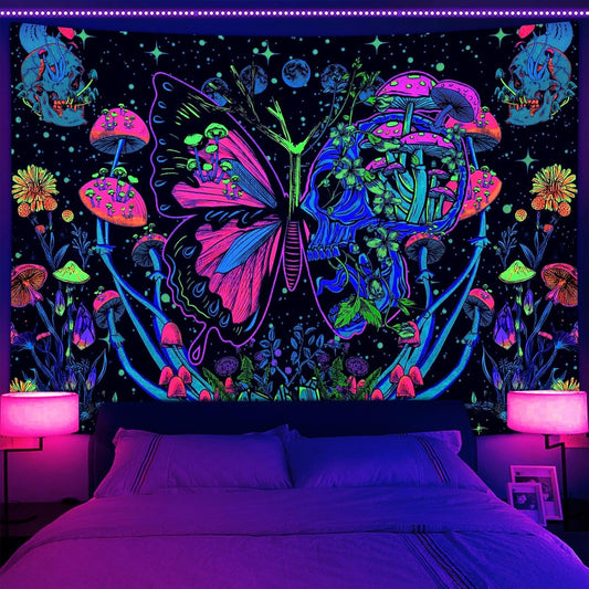 Xiaoput Blacklight Skull Butterfly Tapestry, Trippy UV Reactive Mushroom Wall Hanging Tapestries, Glow in The Dark Hippie Skeleton Aesthetic Moon Tapestry for Living Room Home Dorm Decor 60X40IN