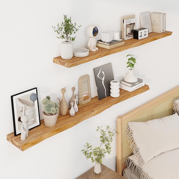Axeman 55 inch Floating Shelves for Wall - 8'' D Live Edge Rustic Solid Elm Wood Floating Shelves Wall Mounted, Hanging Shelves with Invisible Bracket for Living Room Bedroom Kitchen, Natural