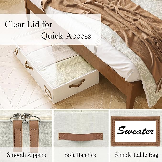 Under Bed Storage Containers, 2-Pack Underbed Storage Box, Collapsible Clothes Storage Bins with Handles and Lid, Large Under Bed Organizers for Shoe, Blanket, Toy, Pillow, Sheet, Beige