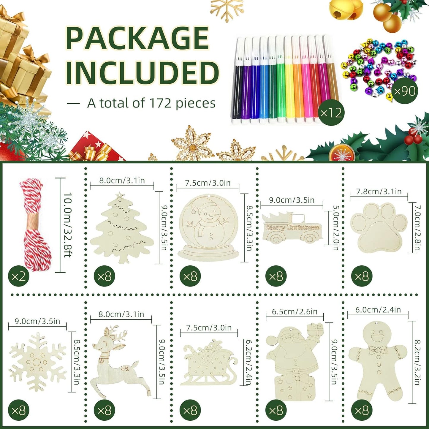 Wooden Christmas Ornaments, 176 PCS Unfinished Predrilled Wood Ornaments Set with 72 Blank Wood Slices in 9 Styles, 90 Bells and 12 Color Pens for Kids DIY Crafts and Christmas Hanging Decoration, B