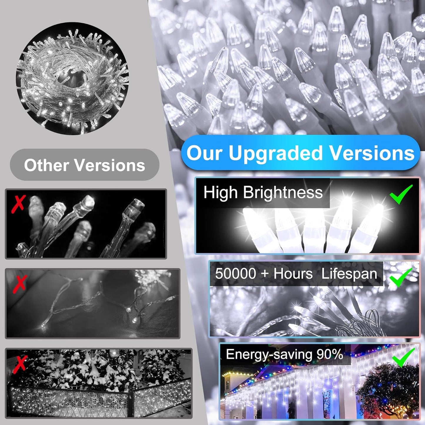 810LED 82ft Christmas Lights, 180Drops 12 Modes Cool White Christmas String Lights Outdoor Dimmable, Waterproof Christmas Decoration Fairy Lights with Timer for Indoor Eaves Party Patio Window Fence