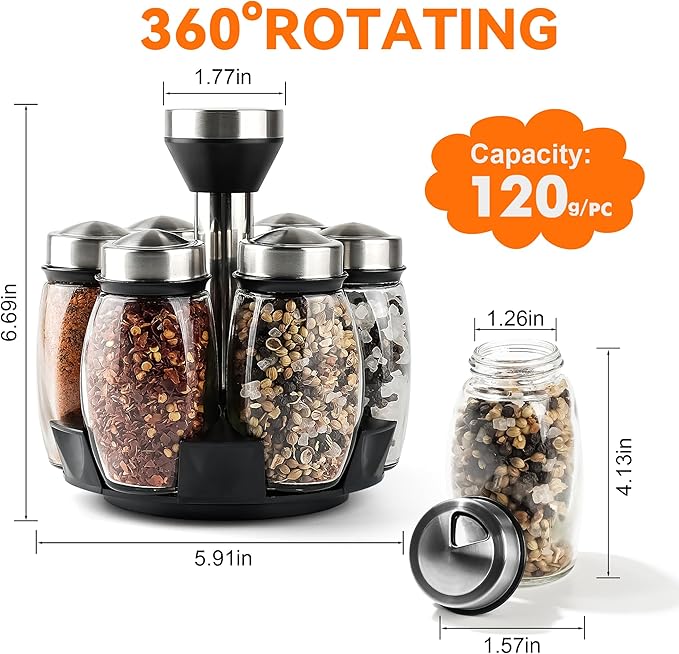 Mlici 6PC Spinning Glass Spice Jars - 360° Rotating Spice Rack Organizer with Jars, Stainless Steel Revolving Seasoning Holder Jars for Countertop Cabinet Kitchen Spices Cruets