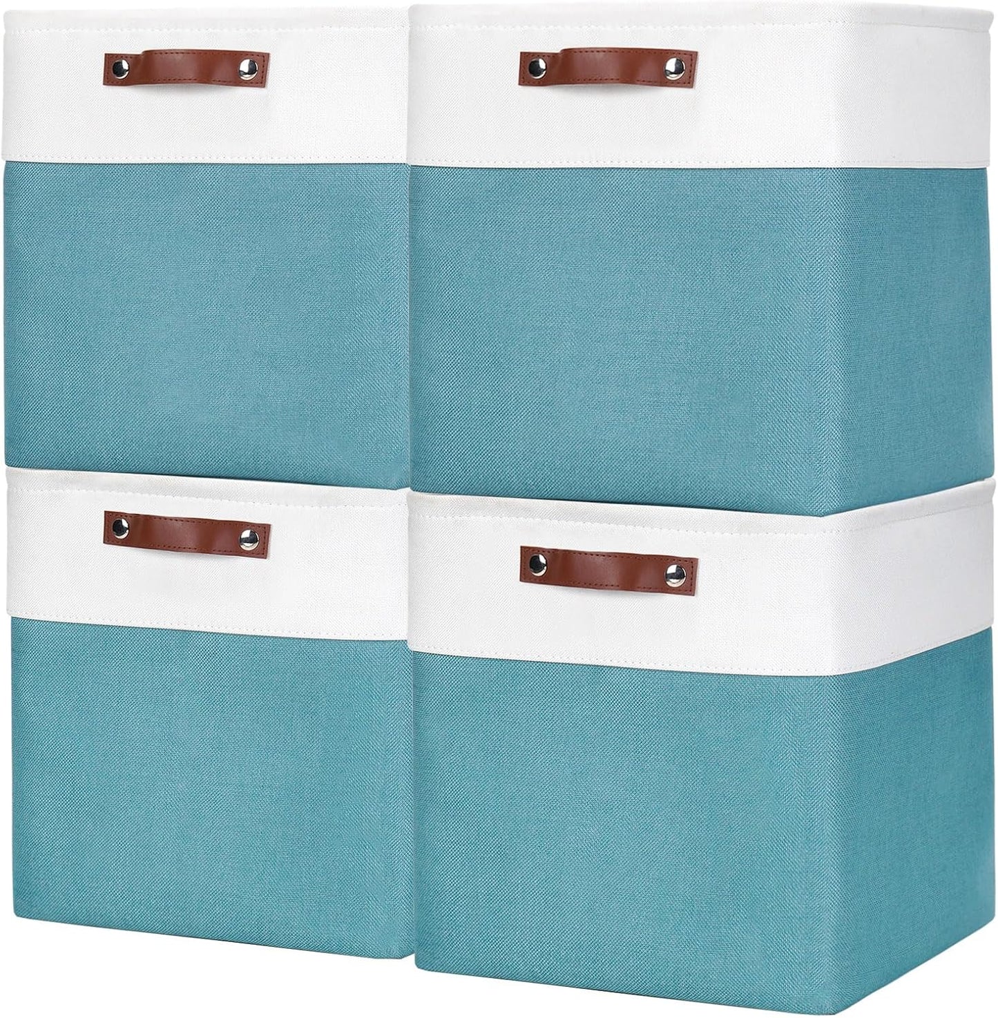 13x13 Cube Storage Bins, Collapsible Fabric Storage Box, 4 Pack Closet Baskets with Handles for Organizing, Shelf, Toys, Clothes, Home, Office, Nursery (Teal&White)