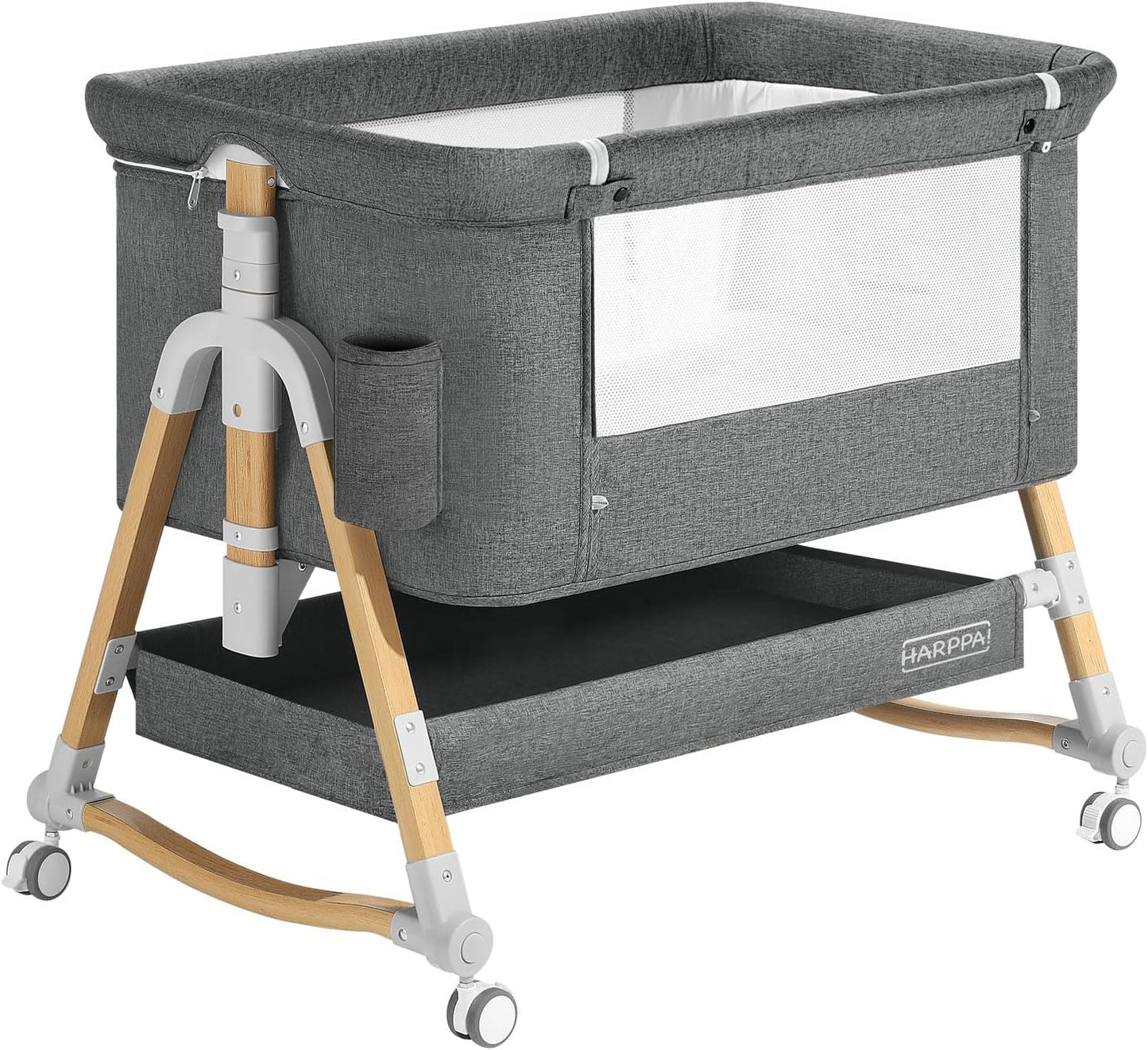HARPPA Cuddly Bassinet, 3 in 1 Baby Bassinet Bedside Sleeper, Bedside Crib with Mattress and Wheels, Breathable Mesh, 5 Height Adjustable, Anchor Strap (Wood Grain, Grey)