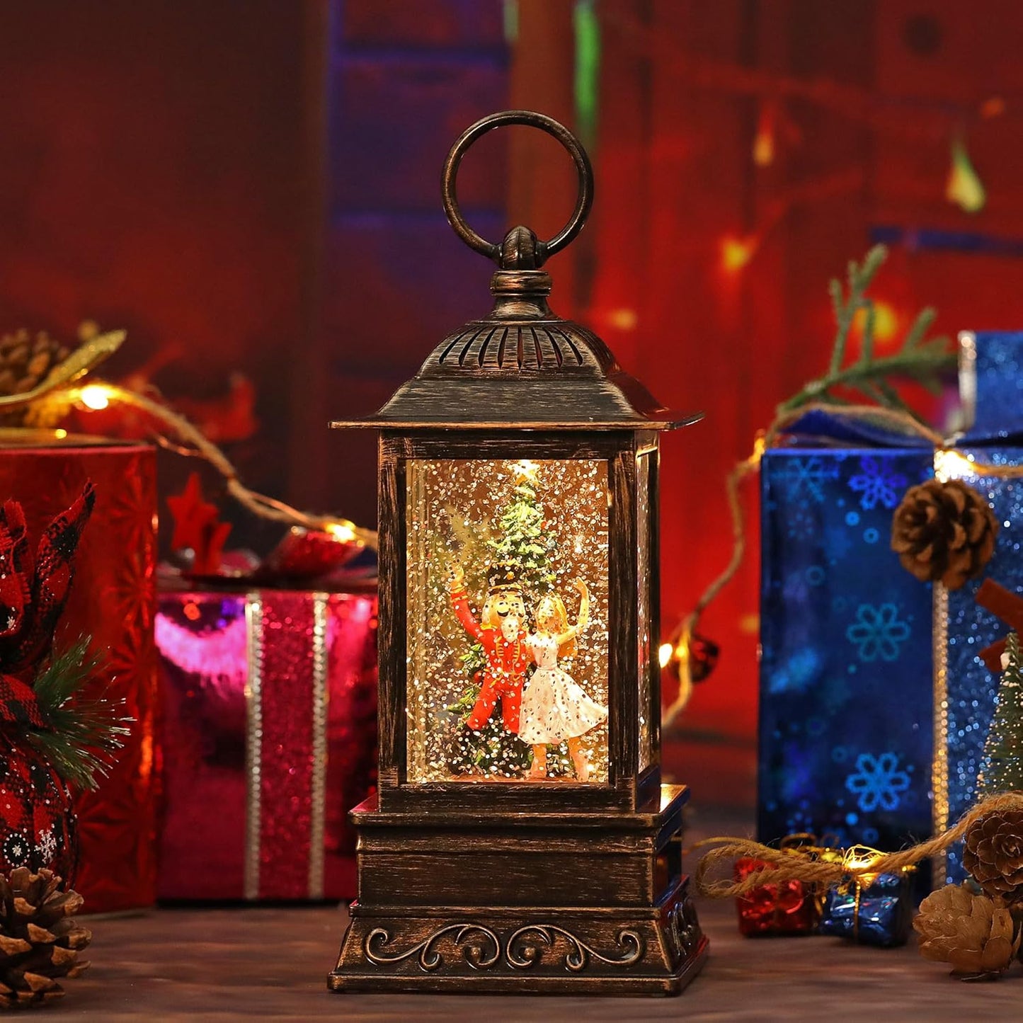Christmas Snow Globe Nutcracker Lantern, Glitter Lighted Christmas Decorations for Home with Music, Light Up Snowglobe Christmas Décor