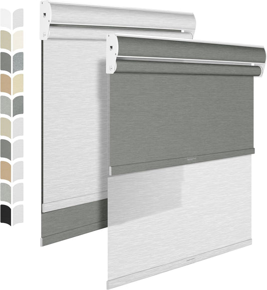 BERISSA Cordless Dual Roller Shades with Cassette Valance, Double Window Shades - Blackout and Light Filtering, Day and Night for Home Office Door - Grey and White, 26 W x 48" H
