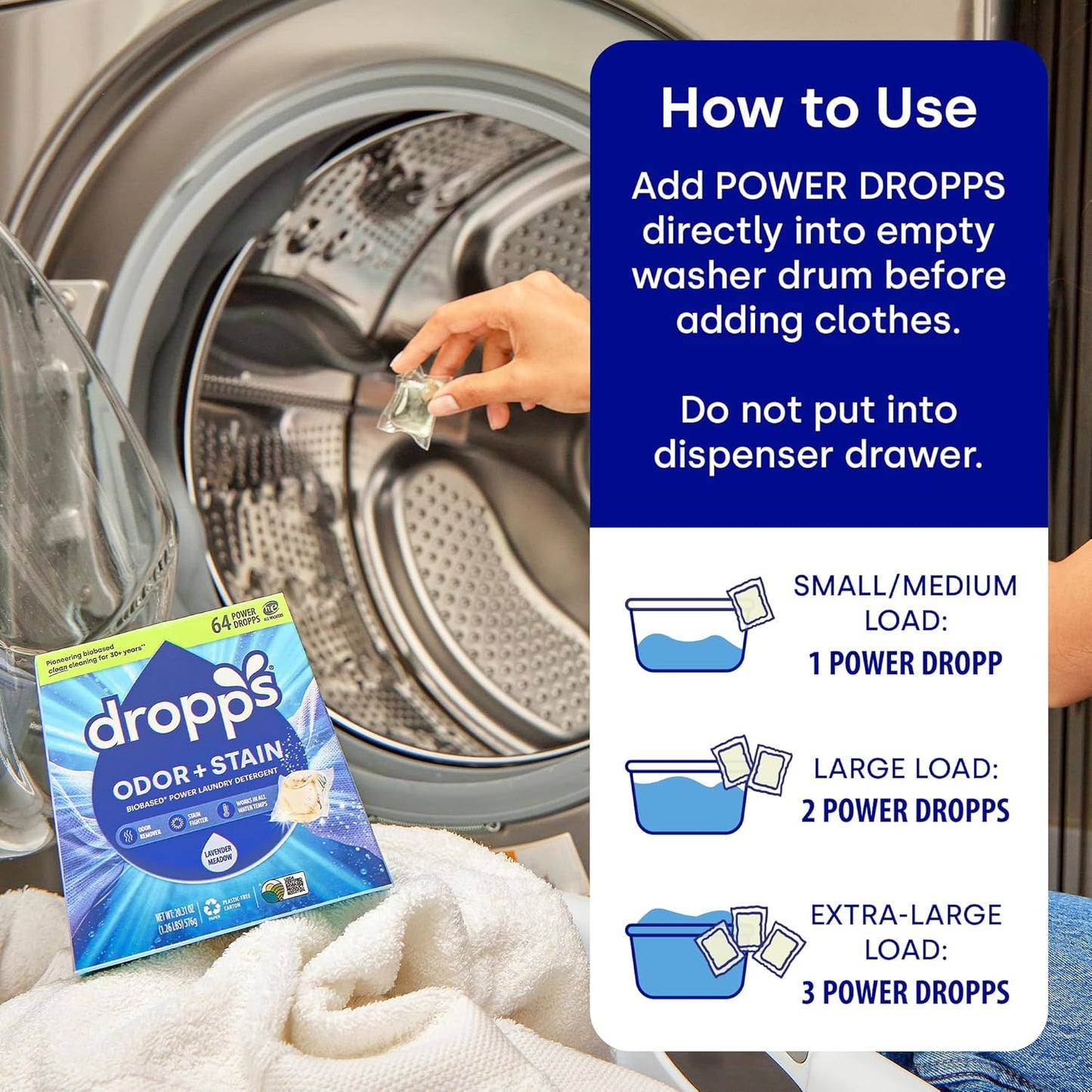 Dropps Odor & Stain Biobased Power Laundry Detergent Pods, Lavender Meadow (32 Count) - HE Compatible Laundry Pods for Fresh Clothes - Washing Detergent Soap Supplies & Recyclable Packaging