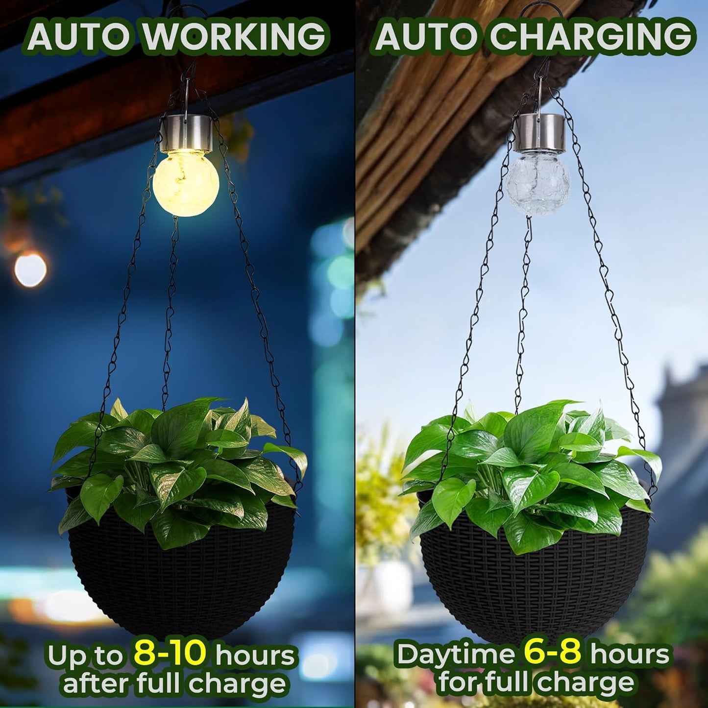 Hanging Baskets for Plants Outdoor - 2 Pack Black Plastic Solar Flower Pots with Drainage Holes & Removable Saucer, Self-Watering Hanging Planters for Garden, Porch, Balcony, Patio