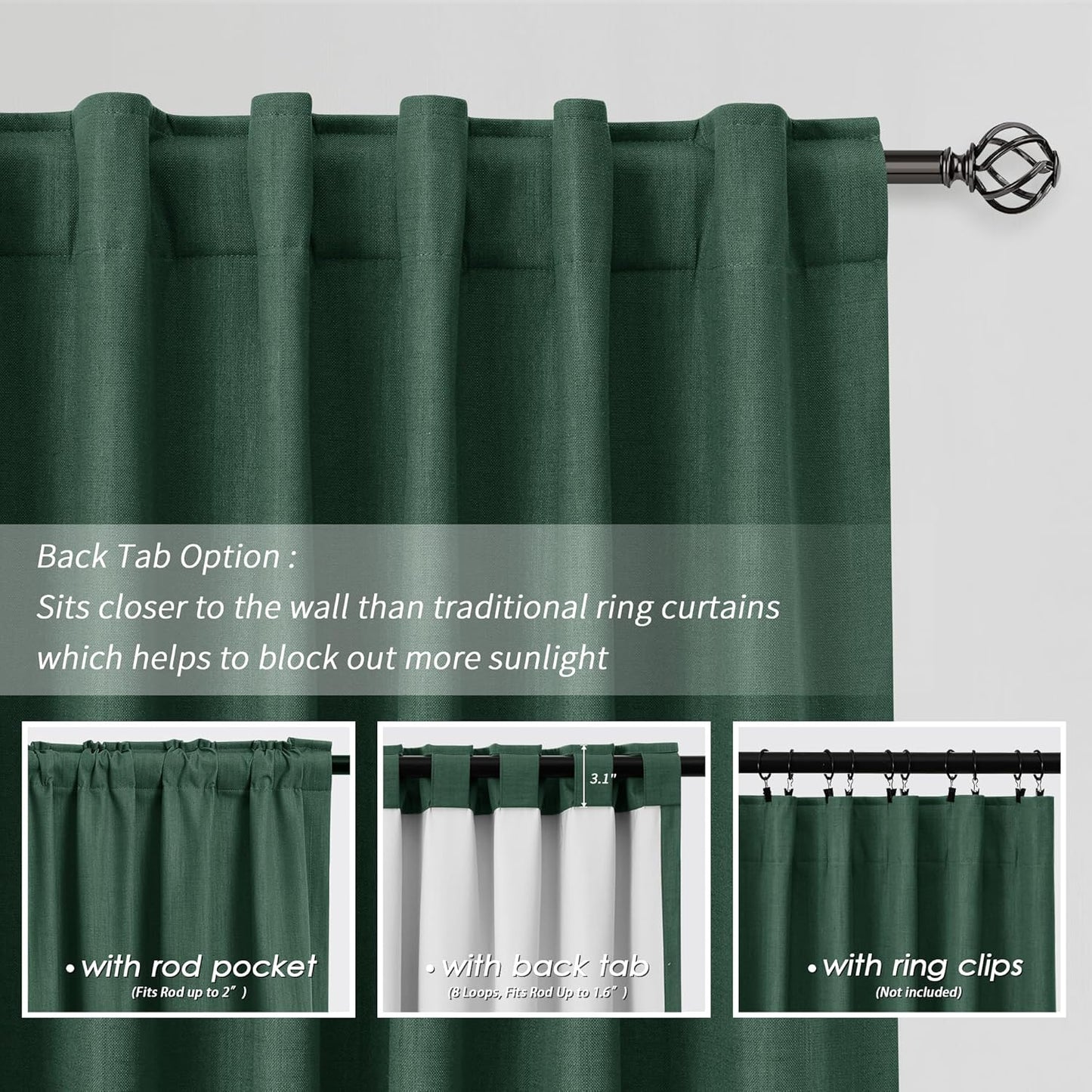 BOODII 108 Inch Black Out Curtains 2 Panels Set Back Tab Thermal Insulated Green Linen Textured Blackout Curtains Noise Reducing for Farmhouse Living Room Darkening Window Drapes 52x108