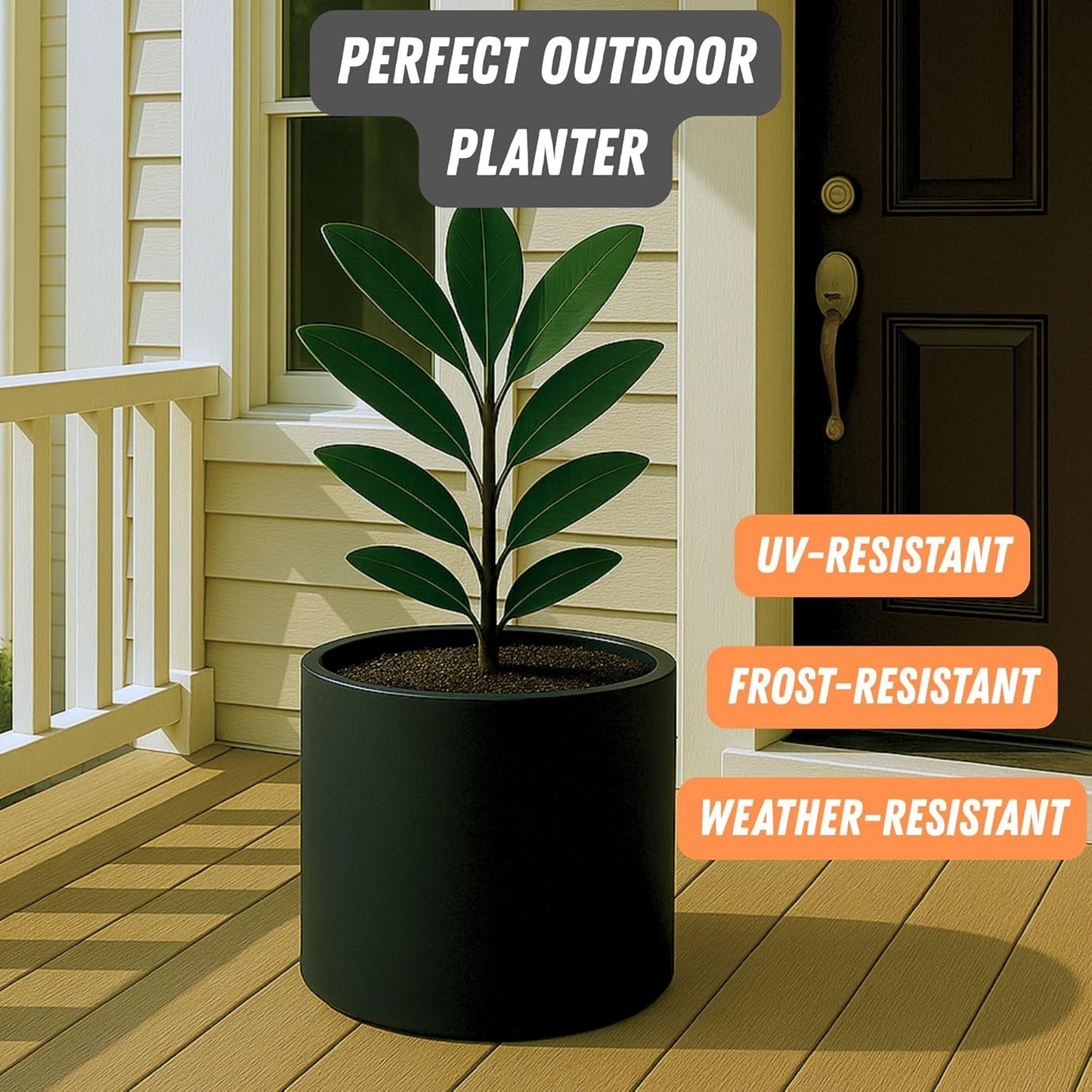Fox & Fern 14.6 Inch Extra Large Planter — Premium Lightweight Fiberstone Matte Black Plant Pot with Drainage Plug; Big Planter for Indoor & Outdoor Use; Weather Resistant & UV Resistant