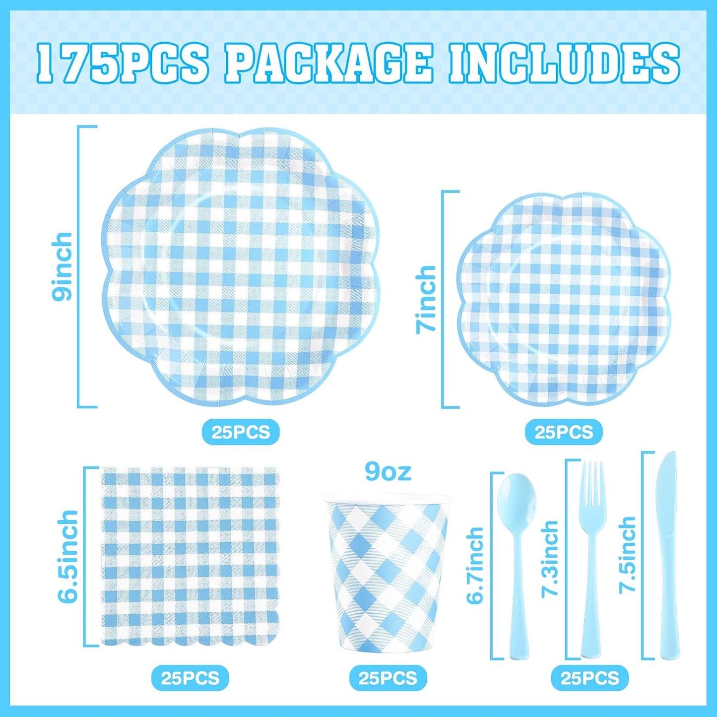 175 Pcs Blue Gingham Plates and Napkins Party Supplies - Blue and White Checkered Plates Sets Serve 25 Guests - Scalloped Gingham Paper Plate for Birthday Dinner Wedding Baby Shower Party Decorations