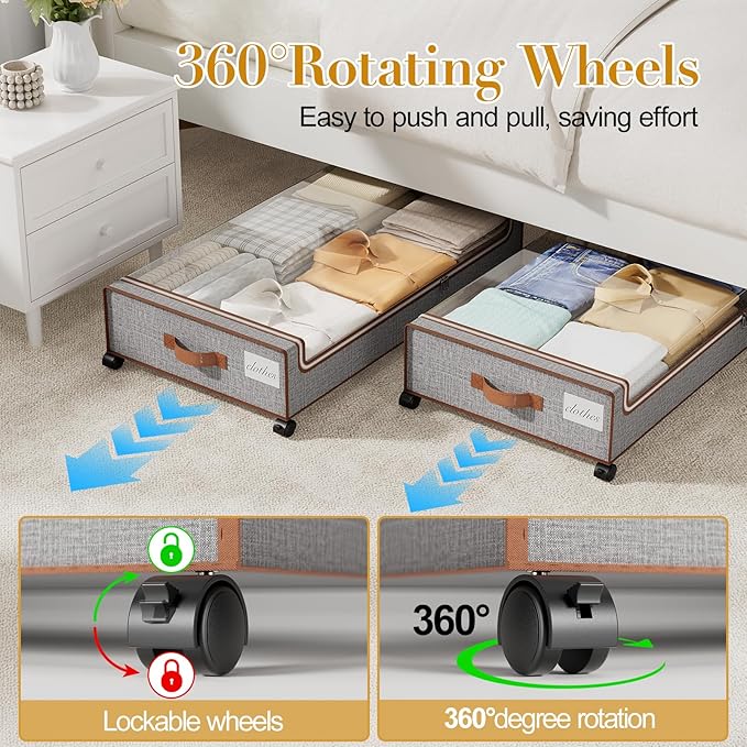 Yecaye Under Bed Storage with Wheels, 4 Pack Under Bed Storage Containers with Clear Lids & Label, XXL Large Lapacity Rolling Under Bed Drawers for Clothes, Shoes, Blankets