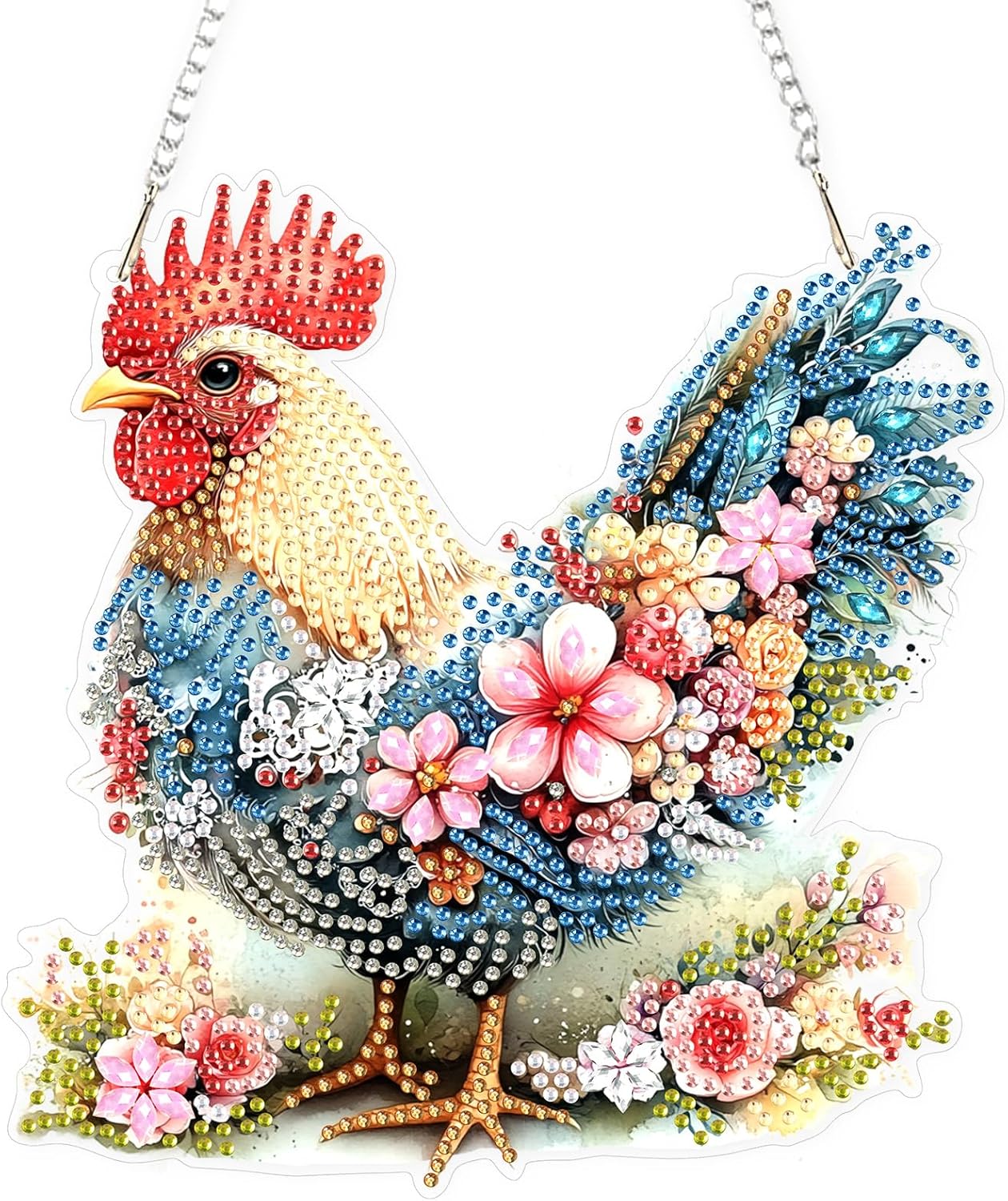 Lxmsja DIY Chicken Flowers Diamond Painting Hanging Ornament, Double-Sided Acrylic Sceney Diamond Art Kit, Special Shaped Drill Pendant Window Art Kit, Suncatcher Hanging Craft Decoration 8x7 inch
