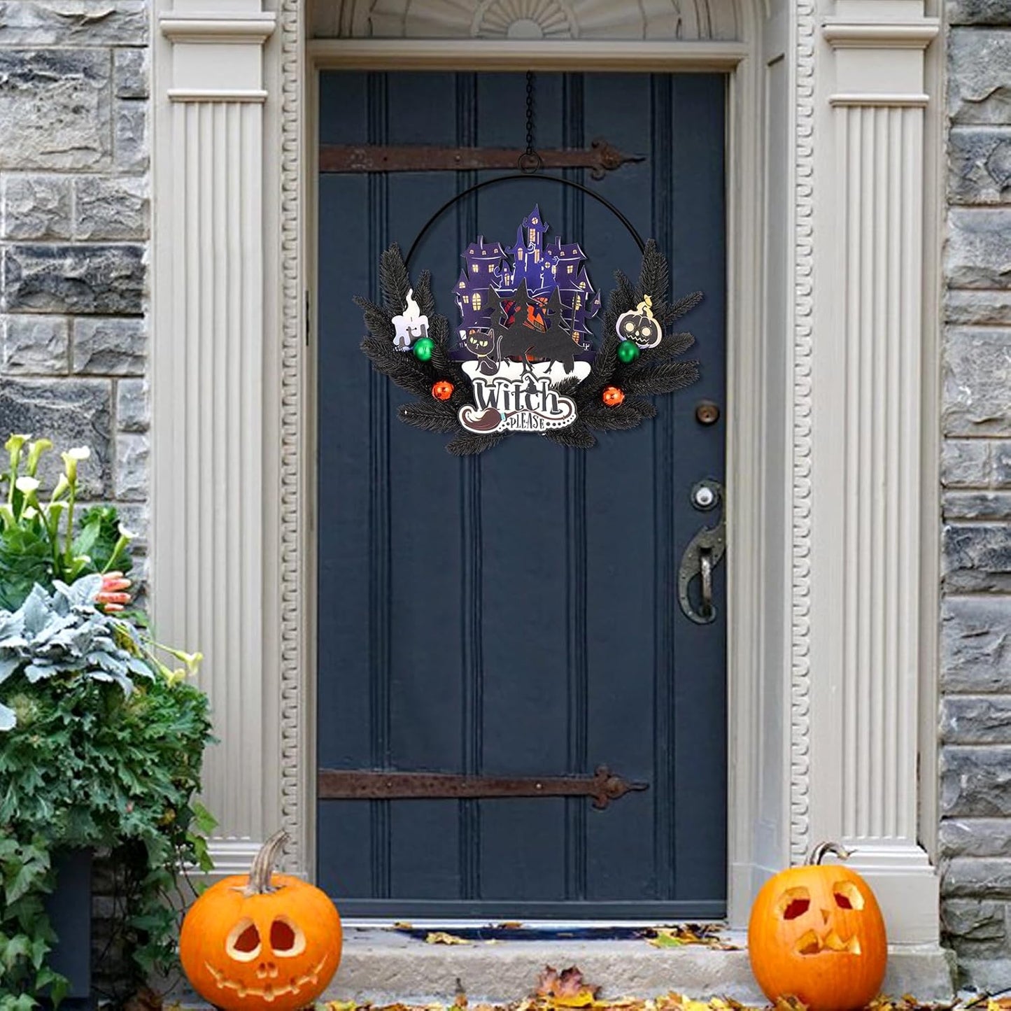 Lighted Halloween Wreaths for Front Door, Welcome Metal Wooden Door Wreath Decor Hanging Sign, 30 LED Lighted Wall Decor Battery Operated for Halloween Indoor Outdoor (Witch)