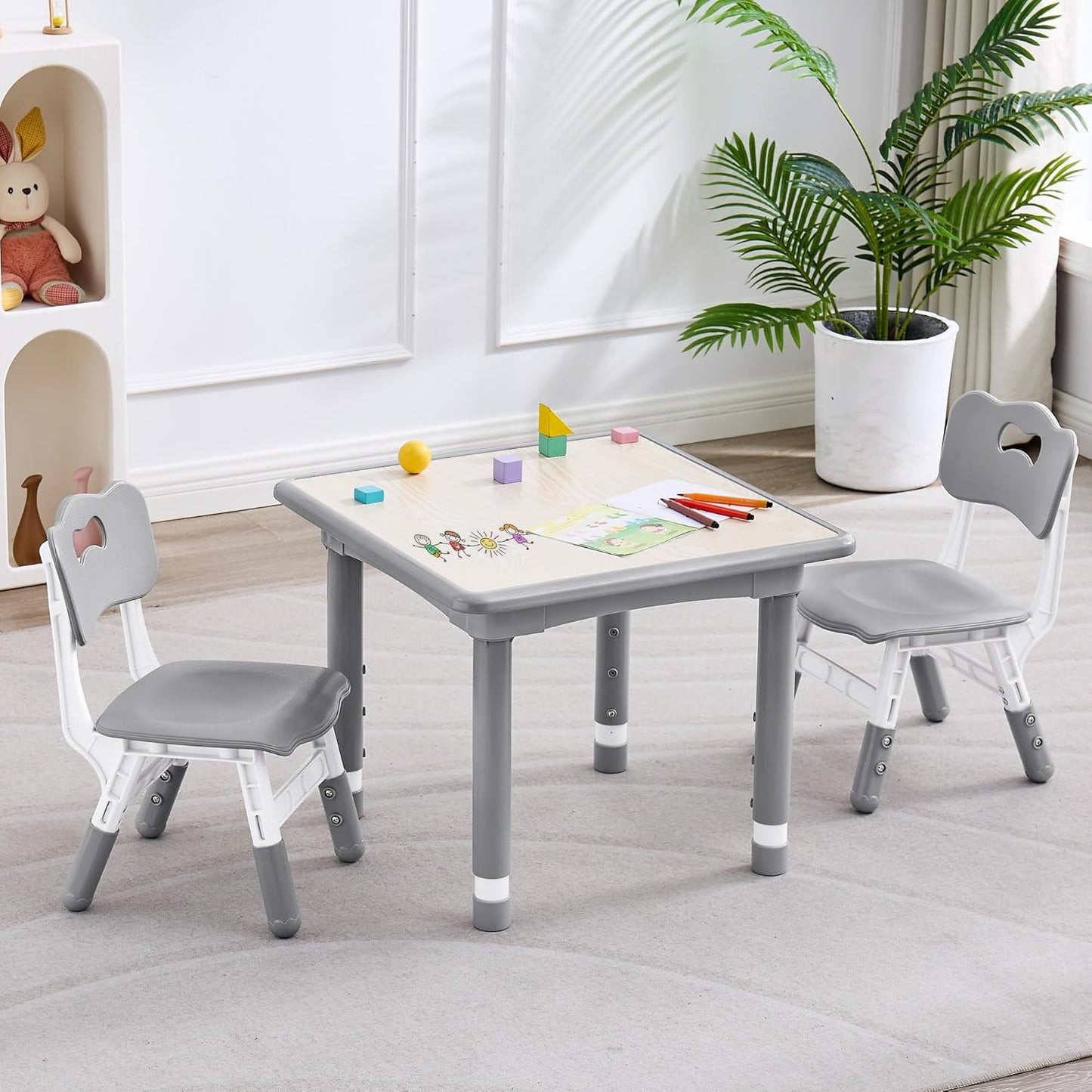 Kids Table and 2 Chairs Set, Height Adjustable (17.7"-26.1") Toddler Table and Chair Set, Multi-Activity Table with Graffiti Desktop, Children’s Table and Chairs for Classroom, Home & Daycare