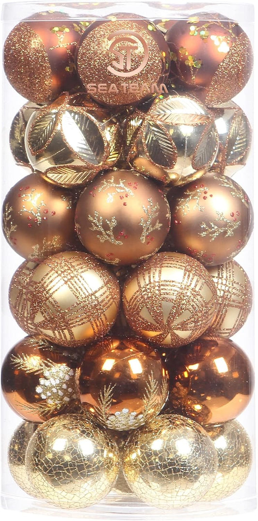 Sea Team 60mm/2.36" Delicate Contrast Color Theme Painting & Glittering Christmas Tree Pendants Decorative Hanging Christmas Baubles Balls Ornaments Set - 30 Pieces (Bronze & Gold)