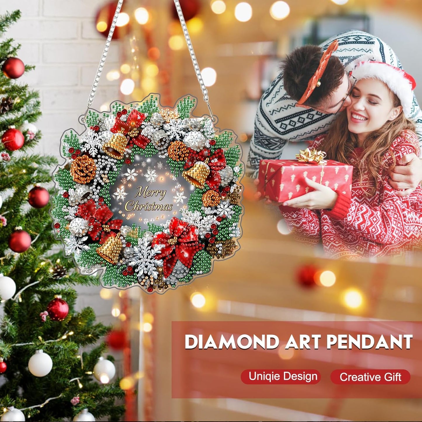 NEWENMO Diamond Art Hanging Kit for Adult, Merry Christmas Wreath, DIY Special Shaped Crystal Acrylic Diamond Art Painting Window Pendants, Diamond Painting Ornament for Home Garden Wall Decor
