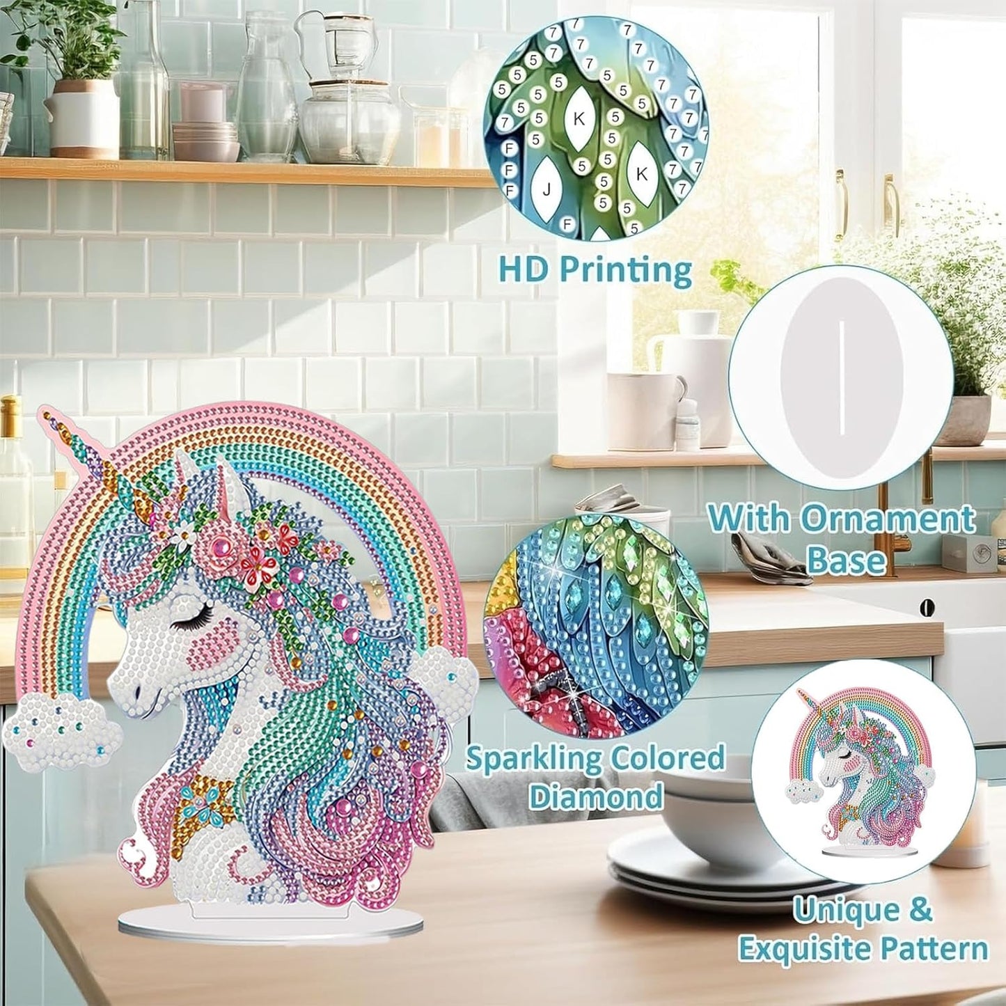Diamond Painting Kits for Adults Beginners, 5D Full Drill Rainbow Pony Crystal Art Desktop Ornament, DIY Single Sided Home Office Desk Decor, Creative Craft Gift Set with Tools