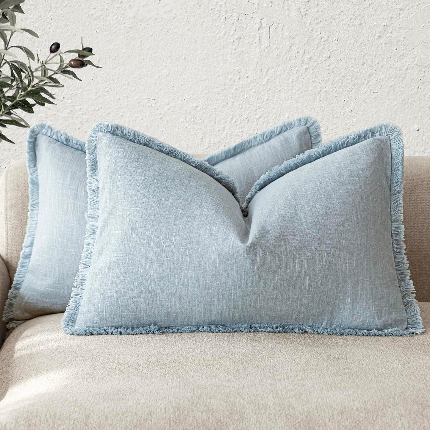 Foindtower Set of 2 Decorative Linen Fringe Lumbar Throw Pillow Covers Boho Farmhouse Cushion Cover with Tassels Soft Accent Pillowcase for Couch Sofa Bed Living Room Home Decor,12×20 Inch,Sky Blue