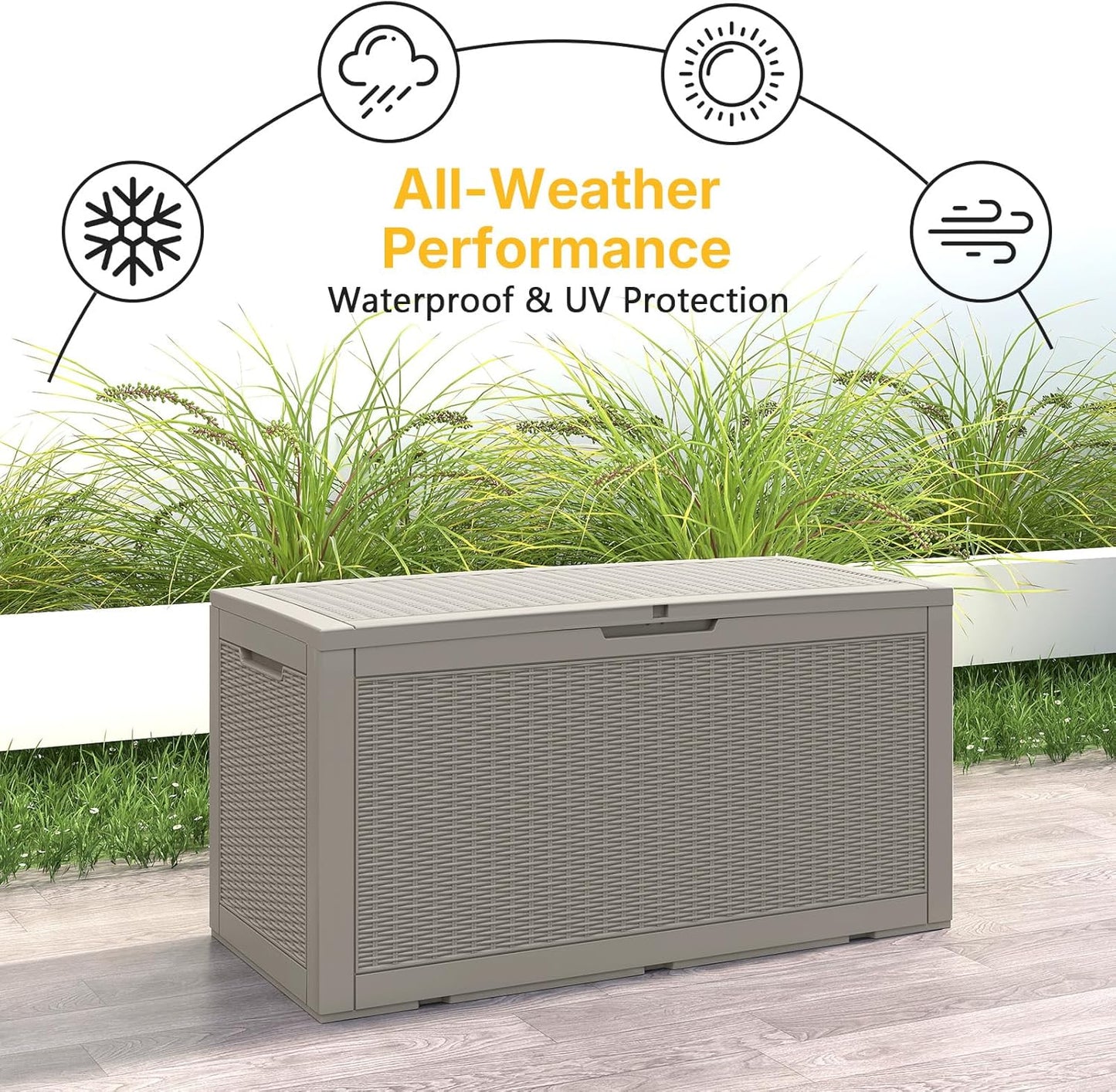 100 Gallon Deck Box Outdoor Waterproof, Rattan Outdoor Storage Box, Patio Storage Boxes for Cushions, Pillow, Garden Tools, Equipment