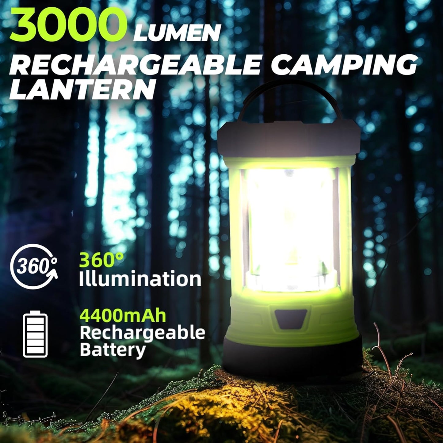 Rechargeable Camping Lantern, 3000LM 5 Light Modes Camping Light 4400 Capacity Phone Charger LED Impact-Resistant Flashlight Lantern Portable Waterproof Hurricane Lanterns for Emergency
