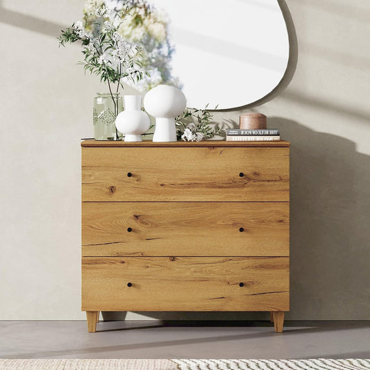 WAMPAT Bedroom Dresser with 3 Drawers, 35.4" Wide Wood Kids Dressers, Chest of Drawers, Modern Closet Organizer Bachelors Chest w/Solid Wood Legs for Living Room, Baby Room, Nursery, Oak Brown