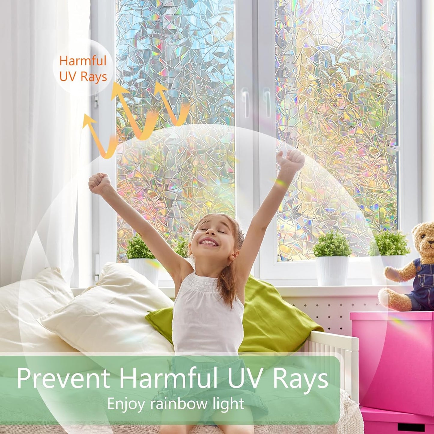 HIDBEA Window Privacy Film Static Clings, Rainbow Window Film, 3D Decals Non-Adhesive Window Vinyl Film for Home Door, 23.6 Inch x 13.1 Feet