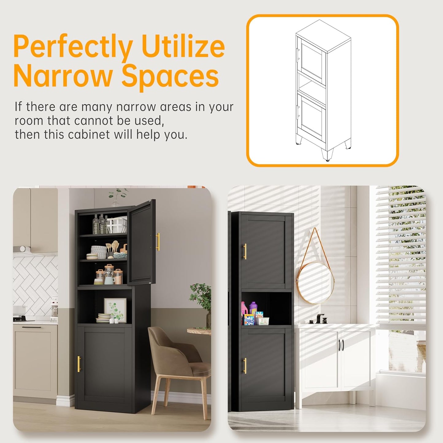 Tall Narrow Storage Cabinet 66.93" H Tall Bathroom Cabinet Metal Pantry Cabinets, 4 Adjustable Shelves for Kitchen, Home Office, Living Room, Dinning Room (16 inches Wide Black)