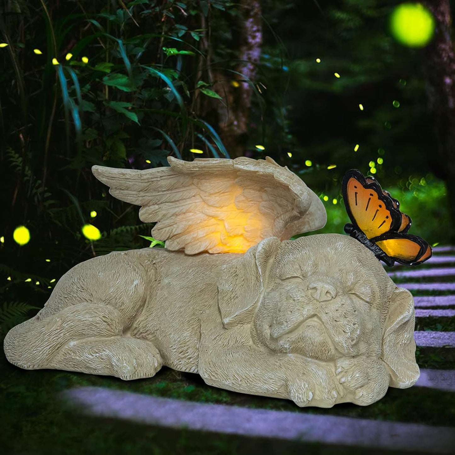 WONDER GARDEN Sleeping Dog Angel Statue with Solar Light - Pet Memorial Stone, in Memory of Dog, Marker Tribute Statues, Resin Guardian Angels, Bereavement Gift