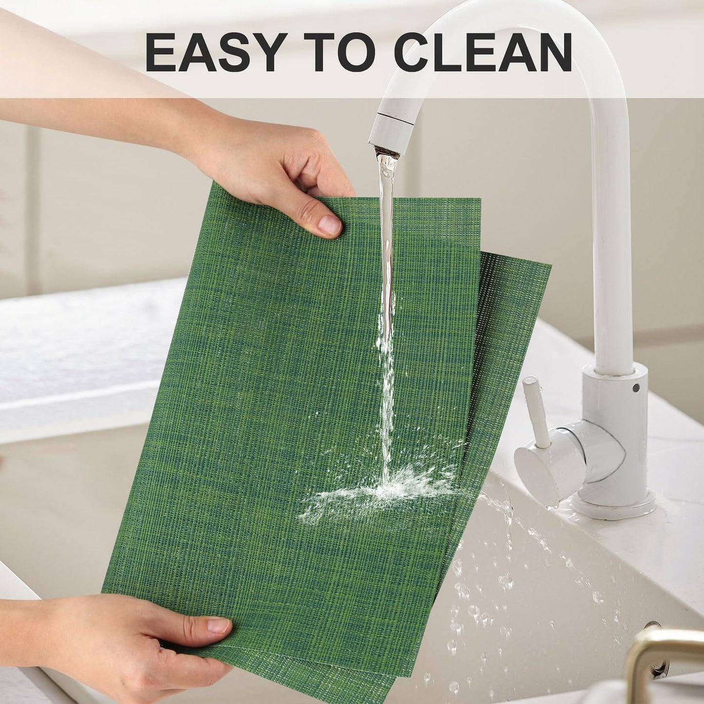 Vinyl Placemats Set of 8, PVC Woven Washable Non-Slip Table Mats, Heat Resistant Wrinkle Free Place Mats for Dining Table, Easy to Clean (8, Green)