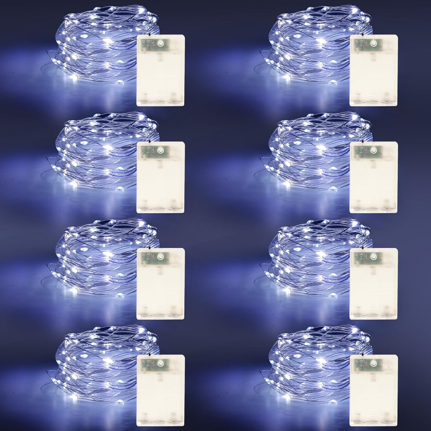 Fairy Lights Battery Operated String Lights 16.4ft 50LED Flashing and Constant Light Waterproof Silver Wire for Christmas DIY Party Bedroom Wedding (White, 8 Pack)