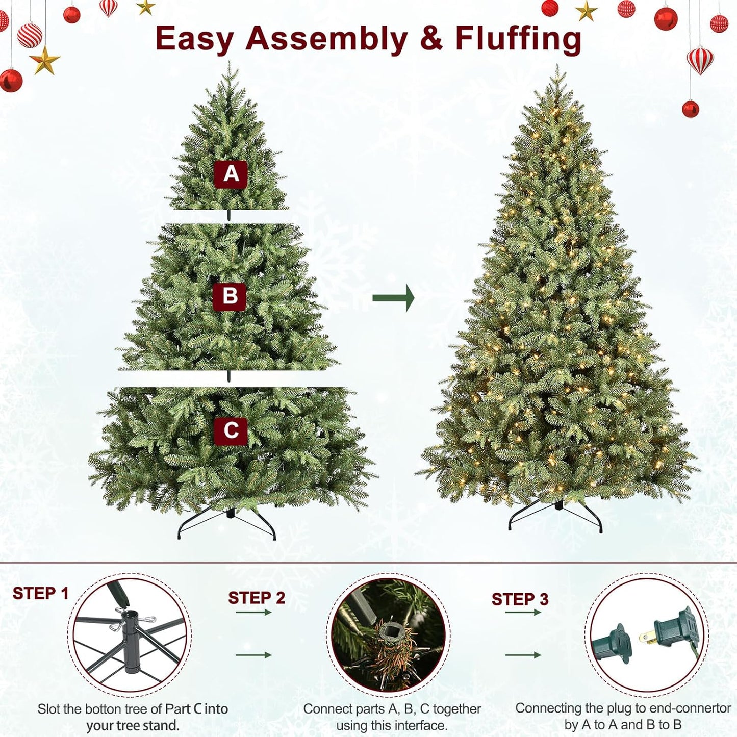 7FT Pre-Lit Artificial Christmas Tree with 2010 PE&PVC Mixed Branch Tips, 500 Warm White Lights, Hinged Premium Spruce Fake Xmas Trees, Green, Foldable Base