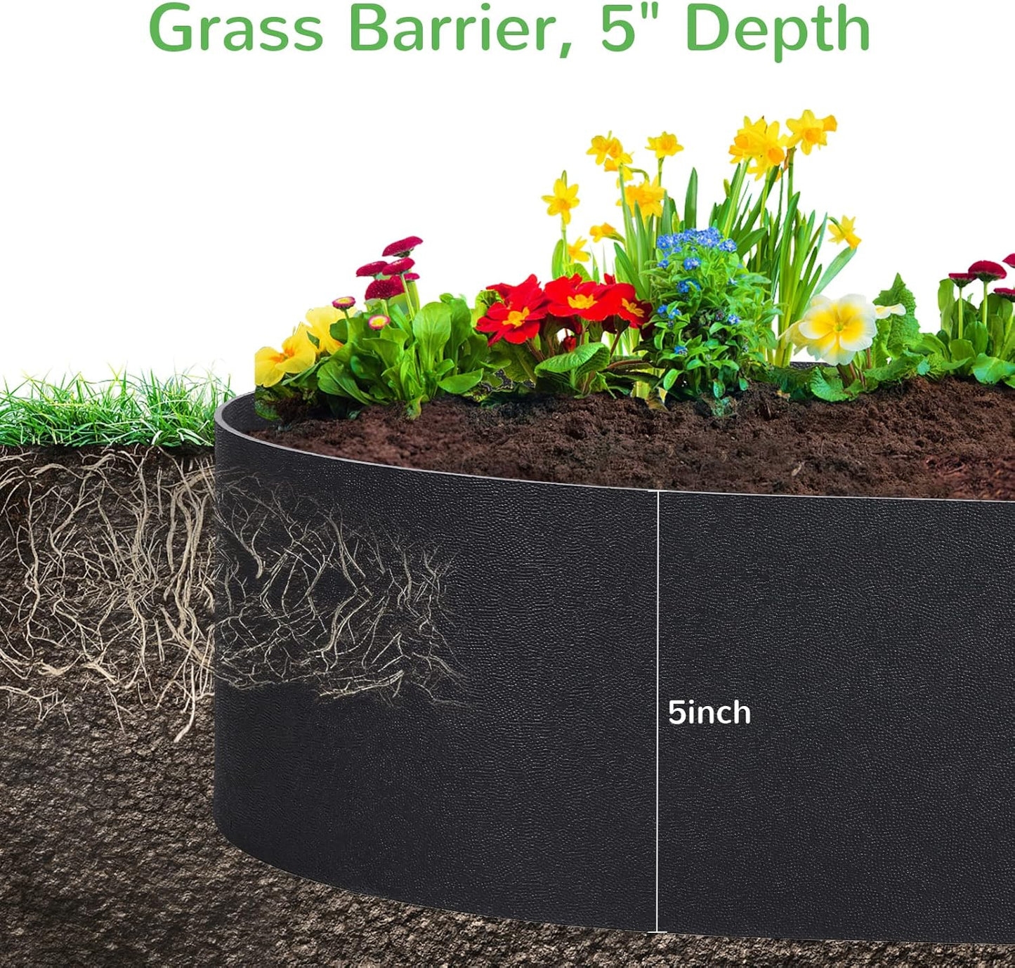 Black Plastic Garden Landscape Edging, 5” Tall Border Coil, Flexible and Strengthened with Anti-UV Treatment (100ft with 30pcs Stakes)