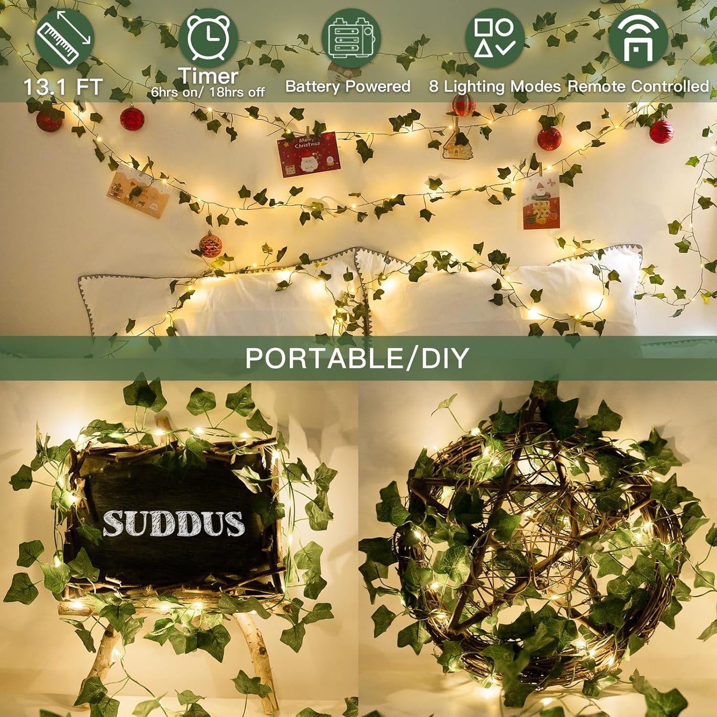 suddus Vine with Fairy Lights Battery Operated, 13.1ft 40 LED Ivy String Light with Remote, Leaf Lights for Bedroom, Room, Wall, Garden, Party, Wedding Decor (Warm White)