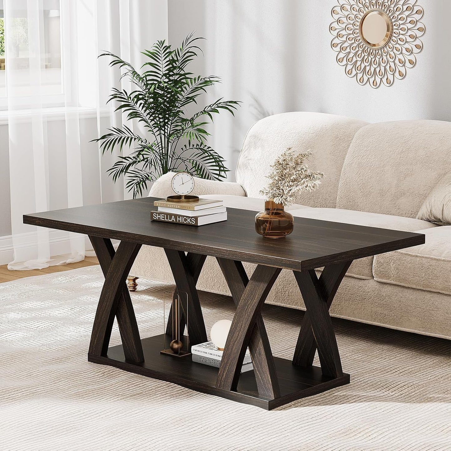 47” Wood Coffee Tables for Living Room Rustic Stands with Storage Shelf Brown Coffee Tables for Living Room. Farmhouse Center Stands with Shelf Farmhouse Rectangle Center Table