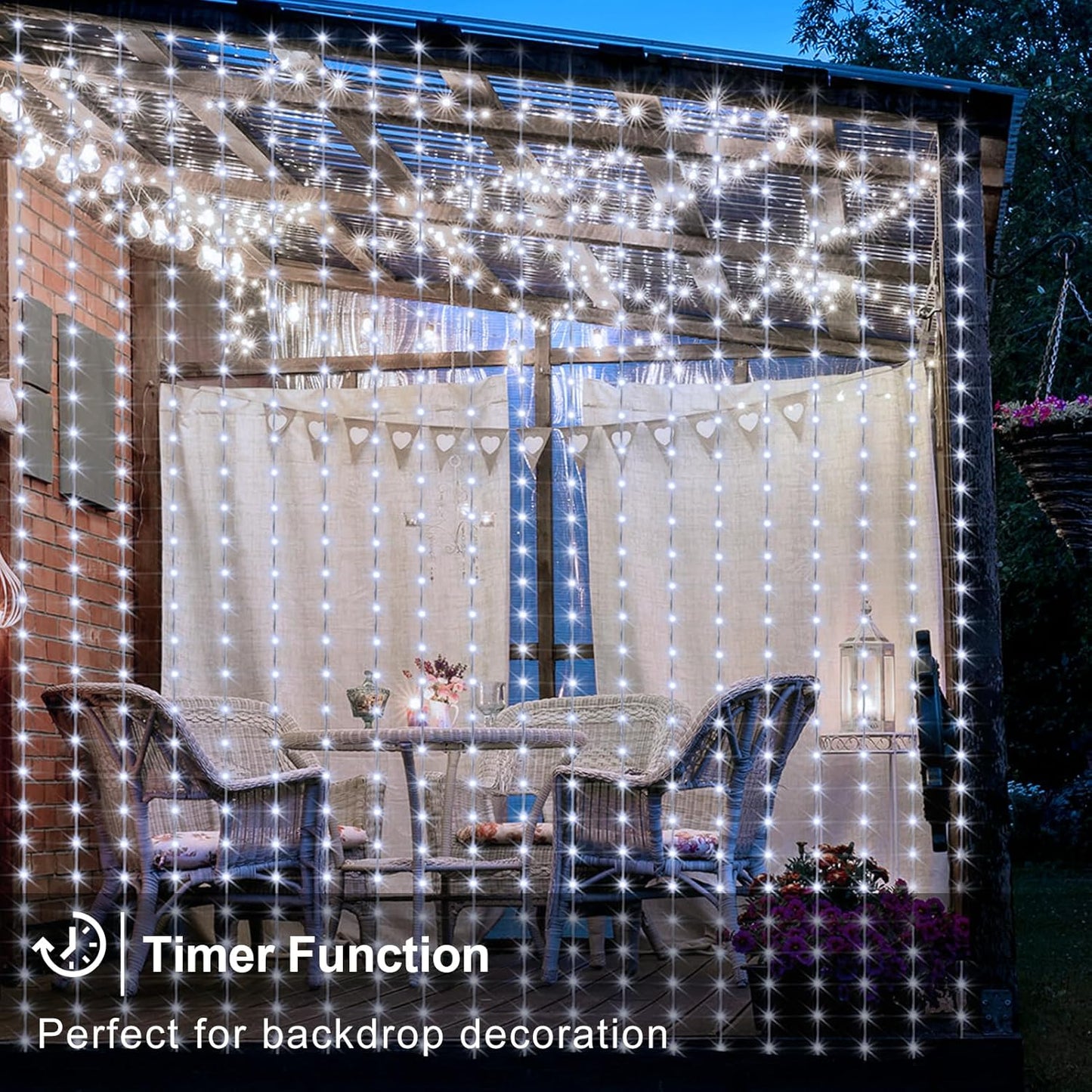 echosari Curtain Lights Battery Operated, 200 LED Curtain Fairy Lights 6.6×6.6ft with Remote Timer Outdoor Wall Light Fully Waterproof for Wedding Backdrops Bedroom Decor (Cool White)