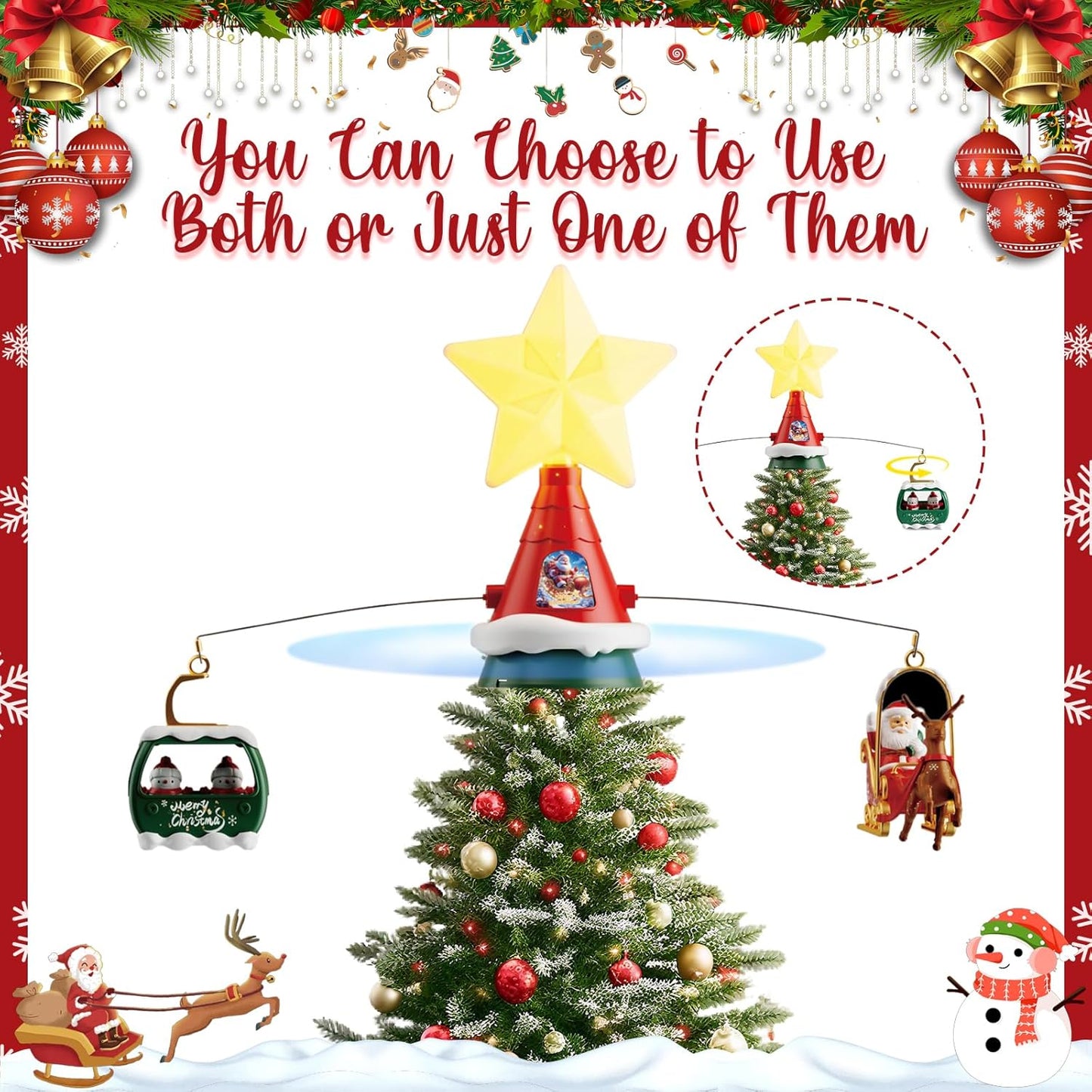 Musical Rotating Christmas Tree Topper with LED Star Light, Santa Sleigh and Cable Car Decorations, USB Powered