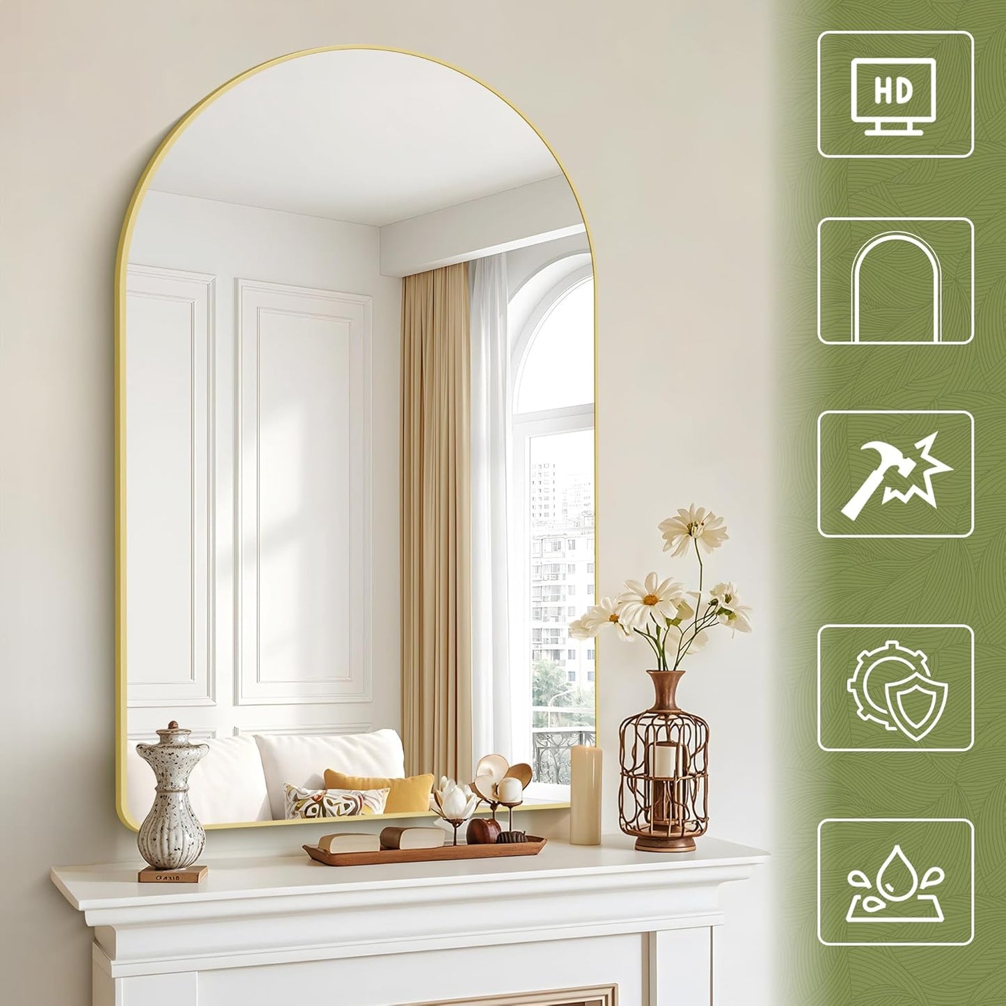 Arched Bathroom Mirror, 30"x48" Gold Arched Mirror for Bathroom, Wall Mounted Mirror, Gold Vanity Wall Mirror w/Metal Frame for Bedroom, Entryway, Living Room, Vertically Hanging