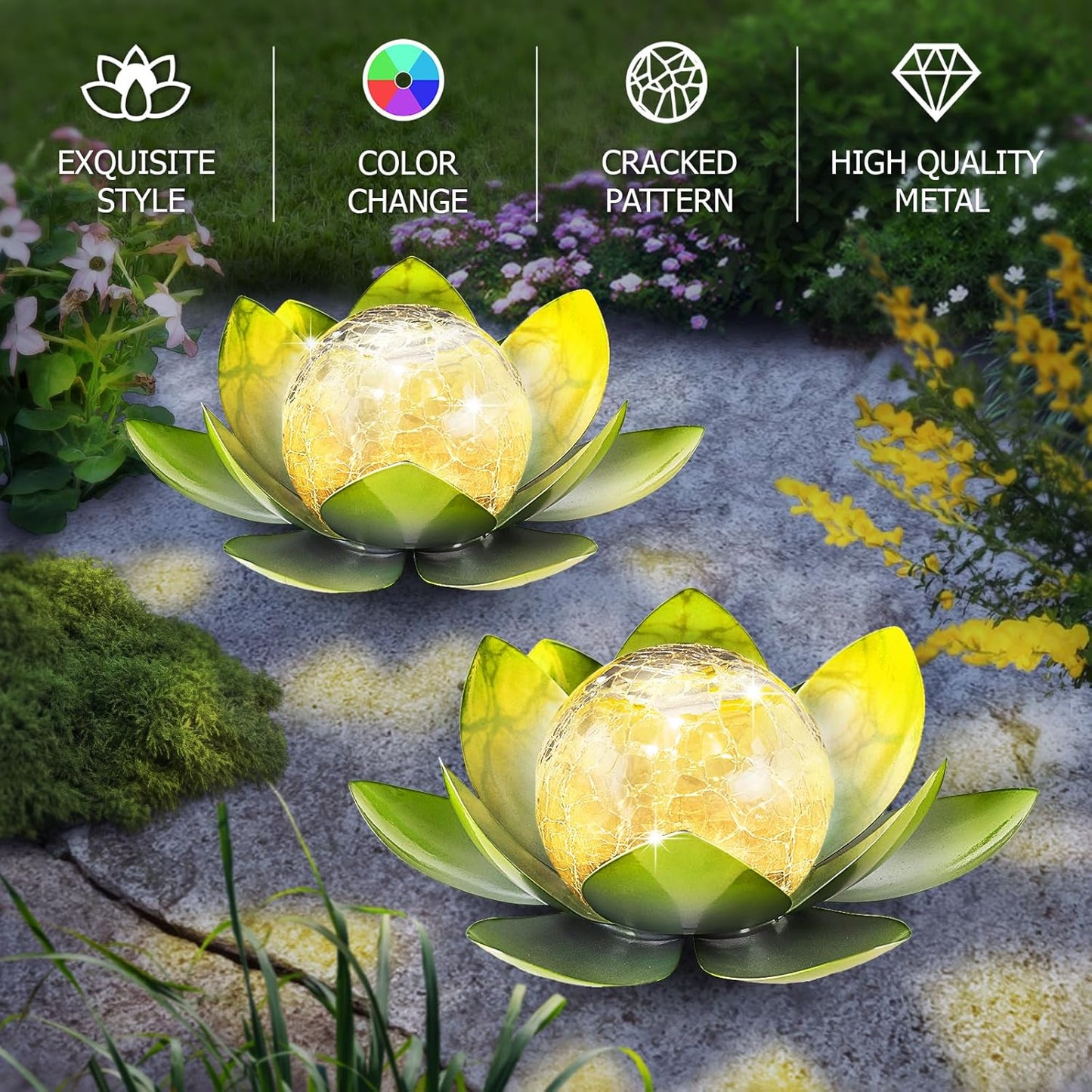 Garden Solar Light Outdoor(2Pack),Crackle Globe Glass Lotus Decoration, Waterproof Metal LED Flower Lights for Patio,Lawn,Walkway,Tabletop,Ground