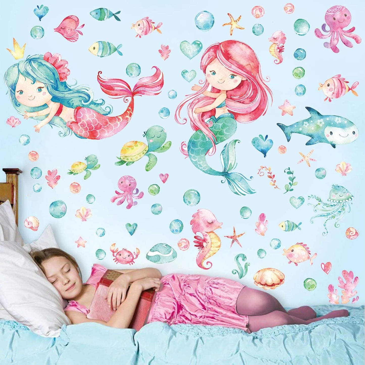 Luminous Mermaid Wall Stickers Decals,Glow in The Dark Mermaid Starfish Wall Decals, Glowing Self-Adhesive Stickers for Ceiling Decor, Kids Baby Room Wall Stickers Decoration for Girls Gifts (meireny)