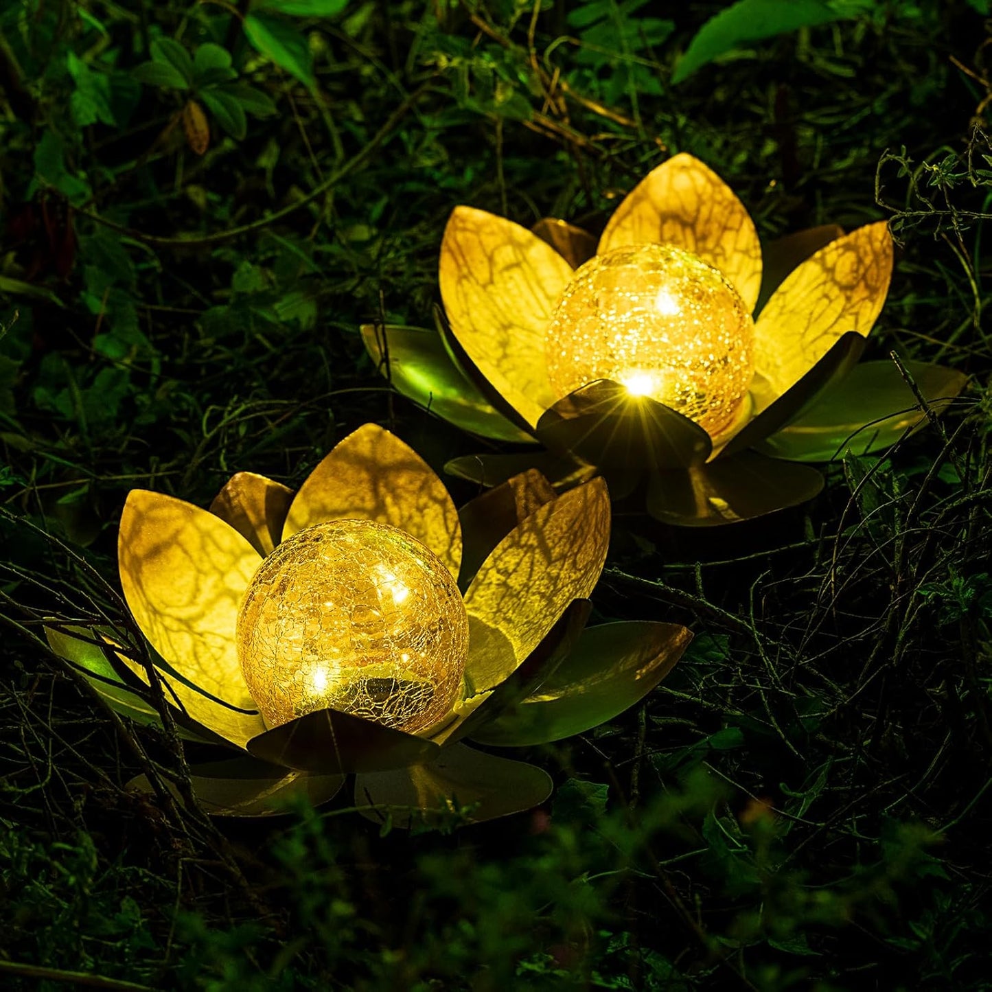 Garden Solar Lights Outdoor(2Pack) , Amber Crackle Globe Glass Lotus Decoration , Waterproof Orange Metal LED Flower Lights for Patio,Lawn,Walkway,Tabletop,Ground, Garden Gifts for Women
