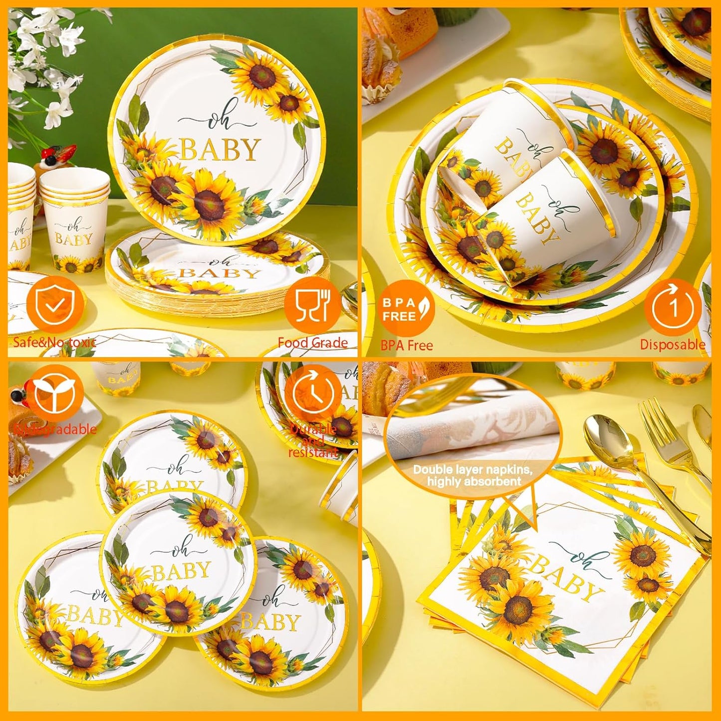 168Pcs Sunflower Baby Shower Decorations for Girl, Baby Shower Plates and Cups and Napkins Sets, Sunflower Plates Serve 24, Baby In Bloom Yellow Oh Baby Party, Easter Spring Summer Fall Party