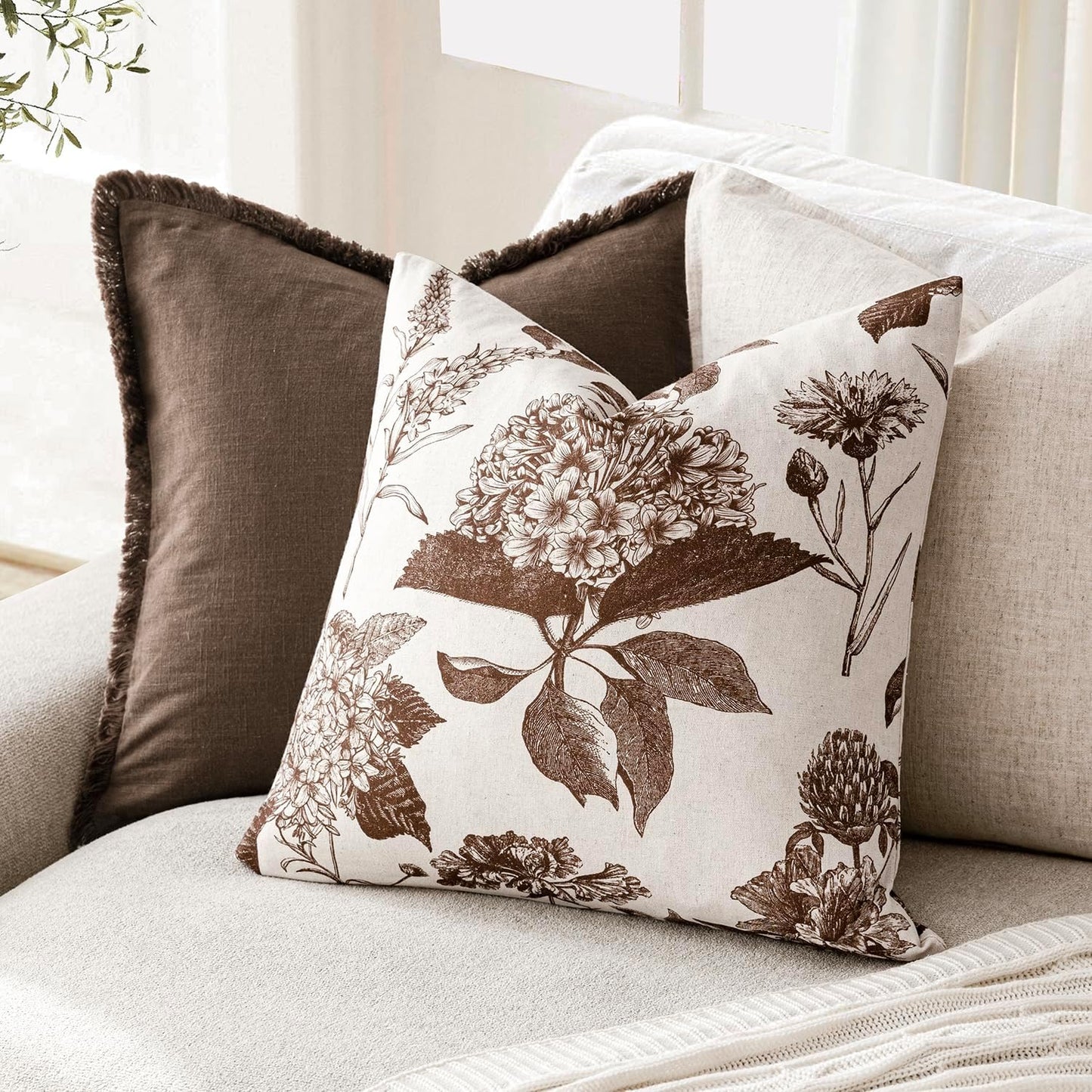 Foindtower Set of 2 Linen Floral Throw Pillow Covers Vintage Accent Print Decorative Cushion Covers Farmhouse Boho Home Decor for Sofa Chair Couch Bedroom Living Room Outdoor,22×22 Inch,Dark Brown