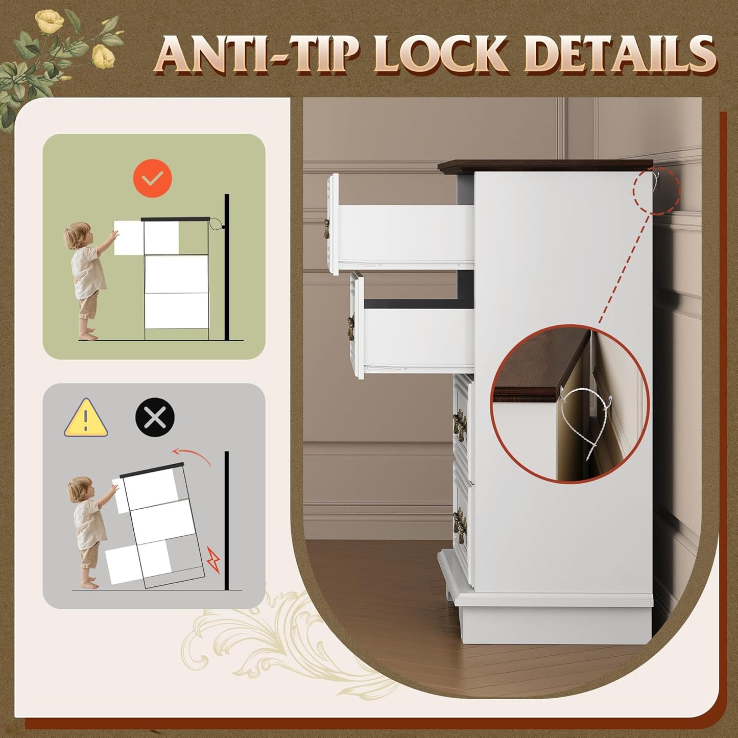 WLIVE Farmhouse Dresser for Bedroom, Tall Wood Dresser with 4 Drawers, Chest of Drawers with Roman Metal Handle for Living Room, Hallway, Closet, White